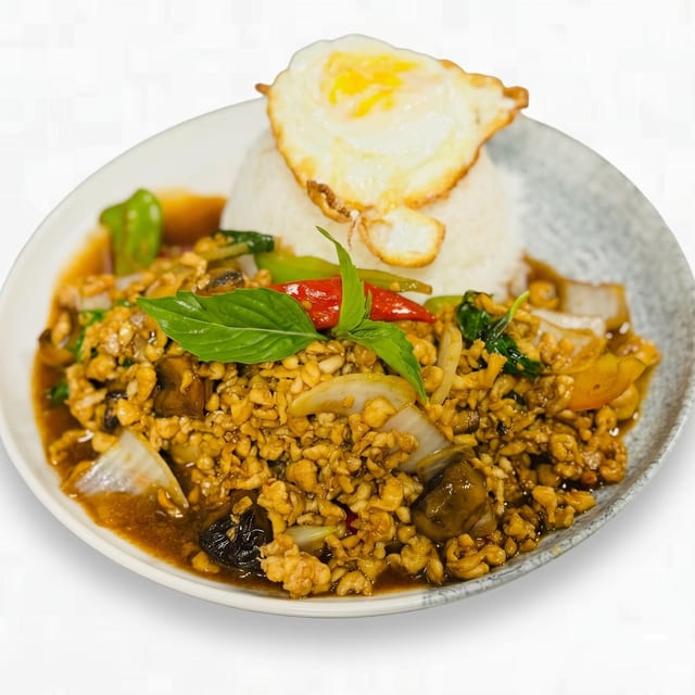 Pad Ka-Pao over Rice with Fried Egg.